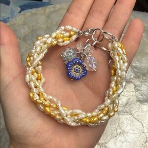 6 strand Yellow and white rice pearl bracelet